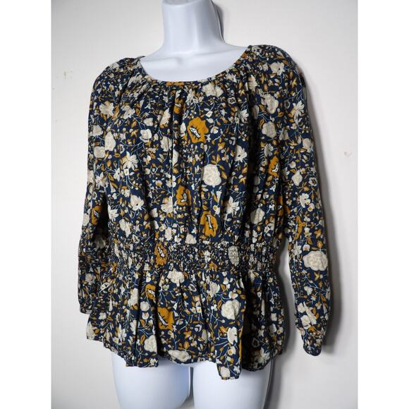 Universal Threads Top Blouse Boho Large Floral Teal Beige Coquette Ruffle - Picture 2 of 13